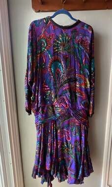 Judith Ann Creations Beaded Silk Dress Purple Paisley